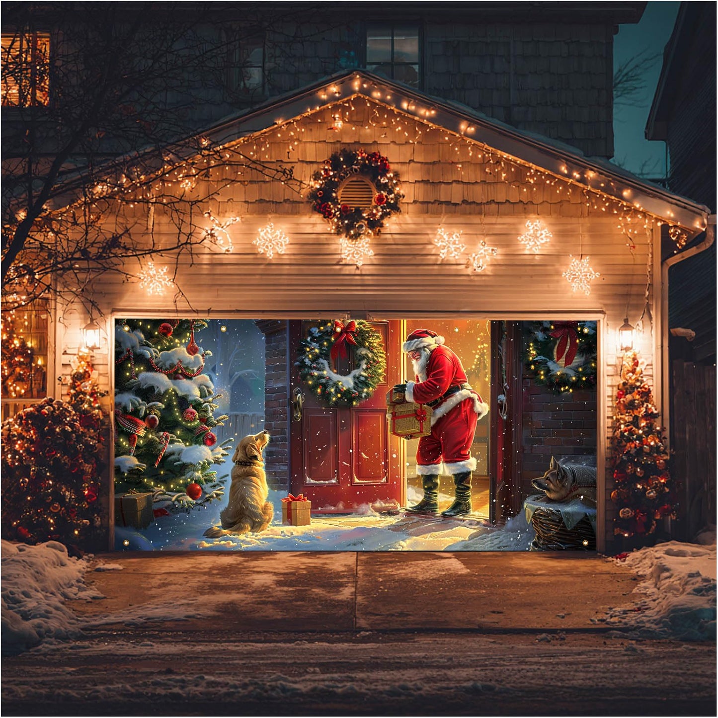 HOMETITUTE Christmas Garage Door Banner 13x6ft Santa with Dogs Gift Scene Holiday Porch Backdrop Red Green Warm Glow Winter Snow Party Decoration Indoor Outdoor Seasonal TreeWall