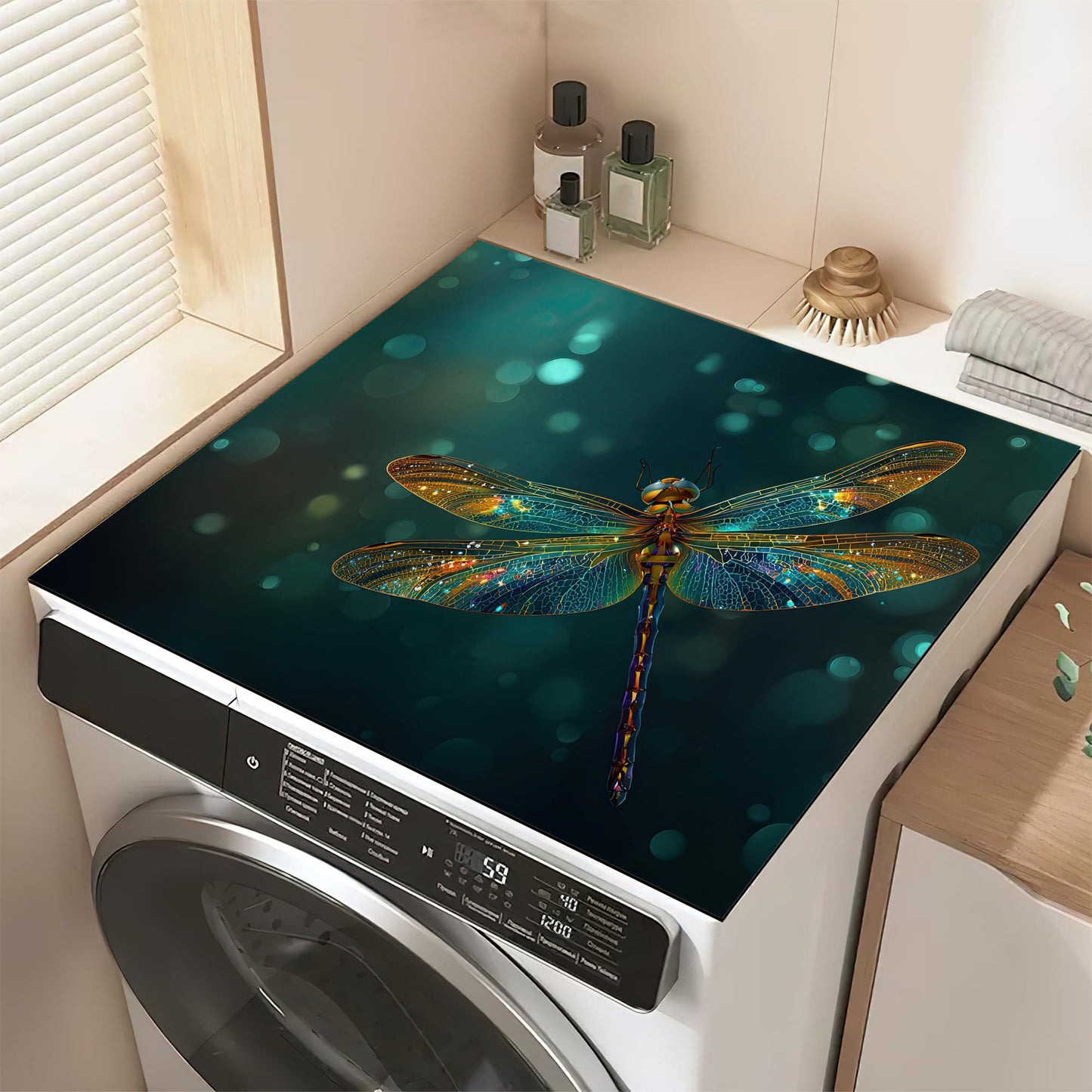 Fantasy Green Dragonfly Washer and Dryer Covers for the Top,Washing Machine Dust Cover Pad Anti-slip Absorbent Protector Mat for Washer Dryer Home Decor,23.6"x19.7"