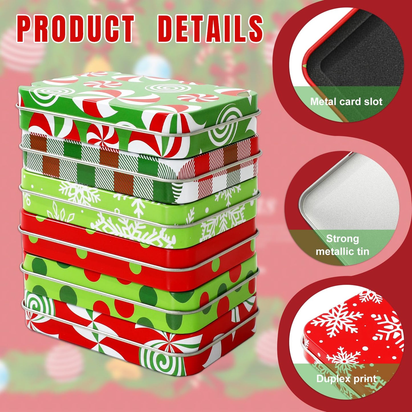 Whaline 10Pcs Christmas Tin Box Gift Card Holder Box with Lid & Sticker Red Green Metal Candy Boxes Xmas Tin Container for Stocking Stuffer Cards Crafts Party Favors Supplies