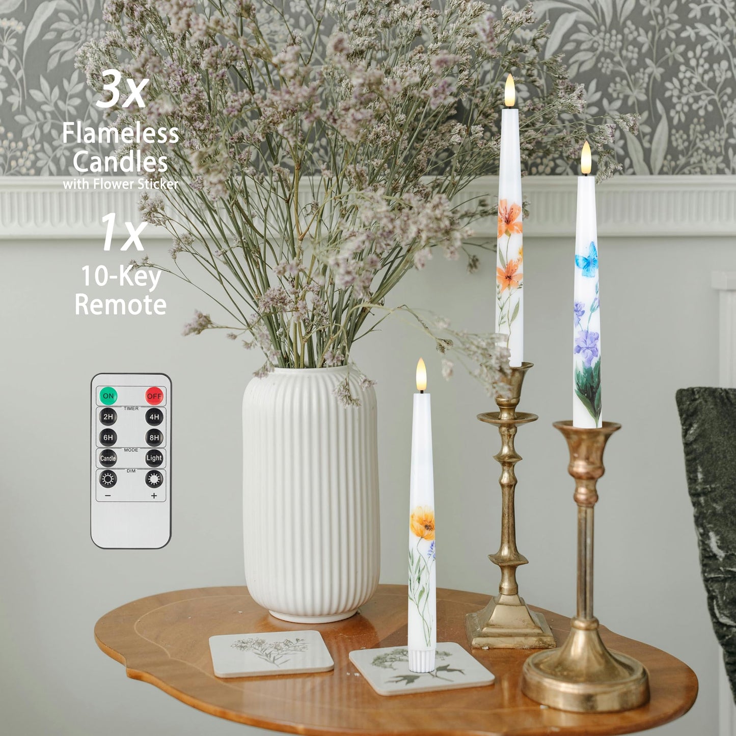 AFINETH Spring Flameless Taper Candles with Flowers, 9.6" Real Wax LED Candles with Remote, 3 Pack Flickering Candlesticks Battery Operated, Fake Candle for Home, Wedding, Party Decor