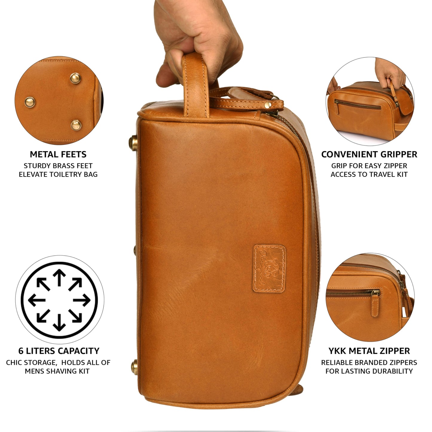 DHAMPOOH Premium Leather King Size Toiletry Travel Pouch – Handcrafted Dopp Kit Bag with Waterproof Lining, Spacious Design for Travel Essentials, Elegant Tan Finish