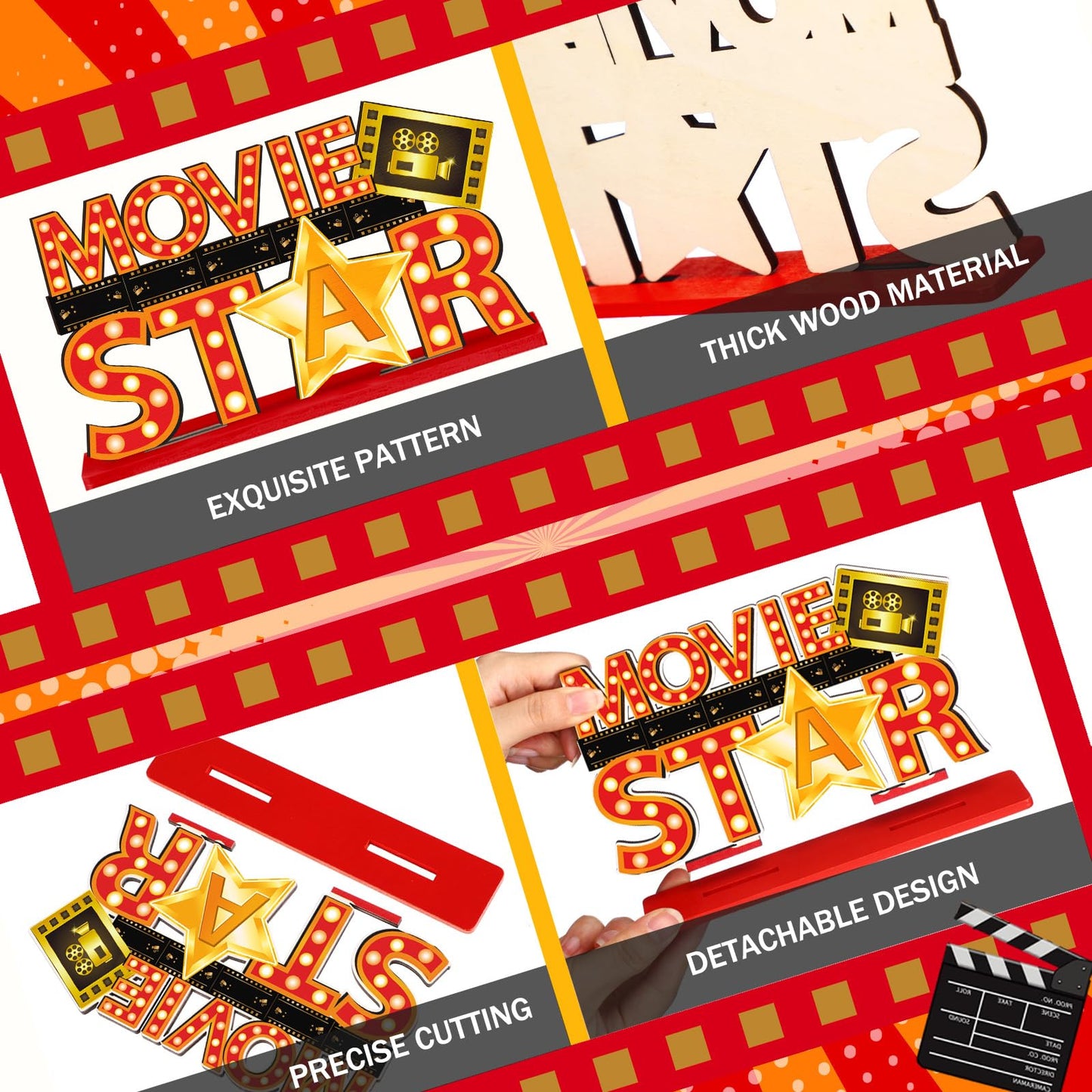6 Pcs Movie Night Party Decorations Movie Wooden Table Centerpiece Ticket Star Video Popcorn Table Sign Tabletop Decor for Birthday Party Home Decoration