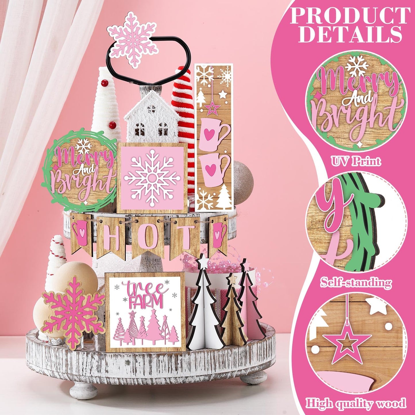 GlikCeil 19 Pcs Pink Christmas Tiered Tray Decor Winter Hot Cocoa Wooden Sign Snowflakes Coffee Table Decoration Rustic Farmhouse Winter Signs for Home Decor Tabletop Shelf Centerpieces