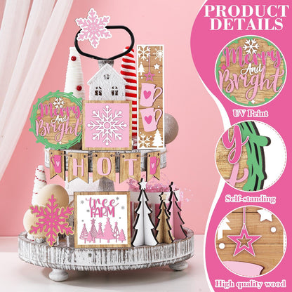 GlikCeil 19 Pcs Pink Christmas Tiered Tray Decor Winter Hot Cocoa Wooden Sign Snowflakes Coffee Table Decoration Rustic Farmhouse Winter Signs for Home Decor Tabletop Shelf Centerpieces