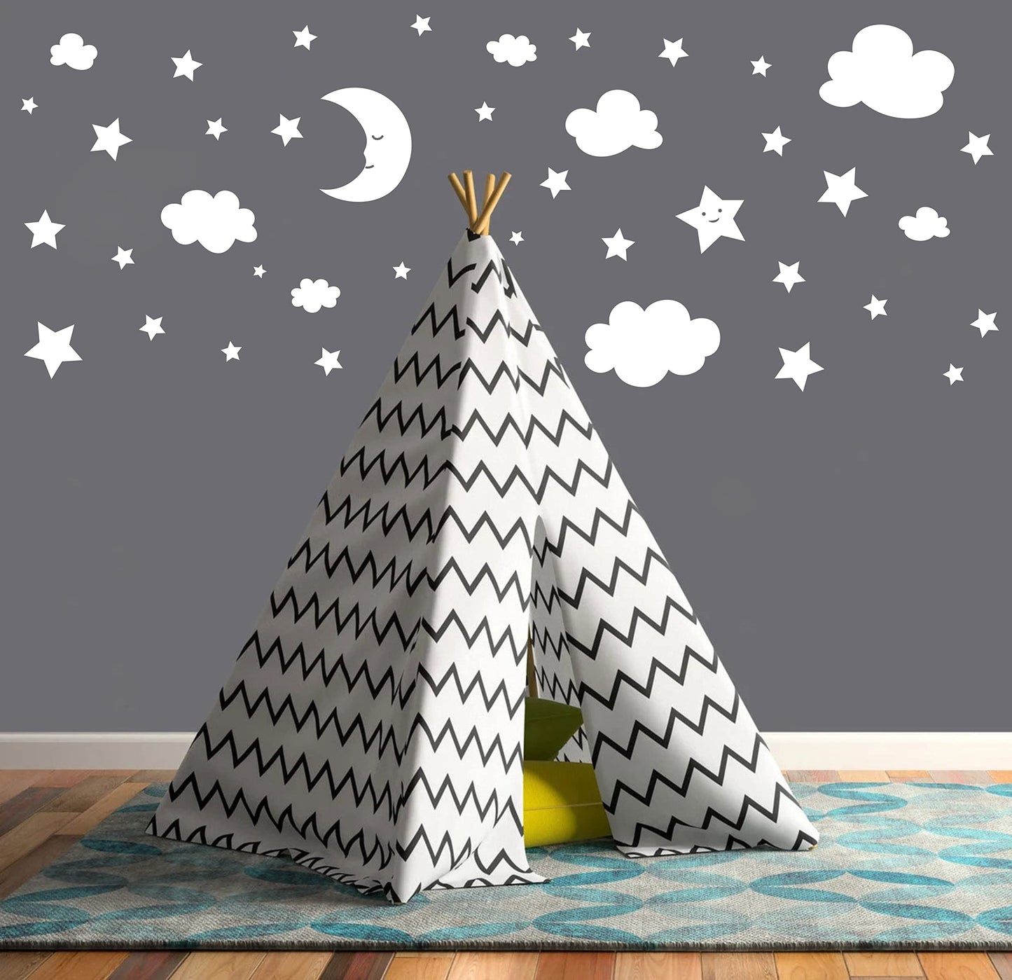 Crescent Moon Stars and Clouds Wall Decals Moon and Stars Nursery Wall Stickers Starry Sky Playroom Decor Kids Rooms Mural Kids Room Wall Art Y59 (White)