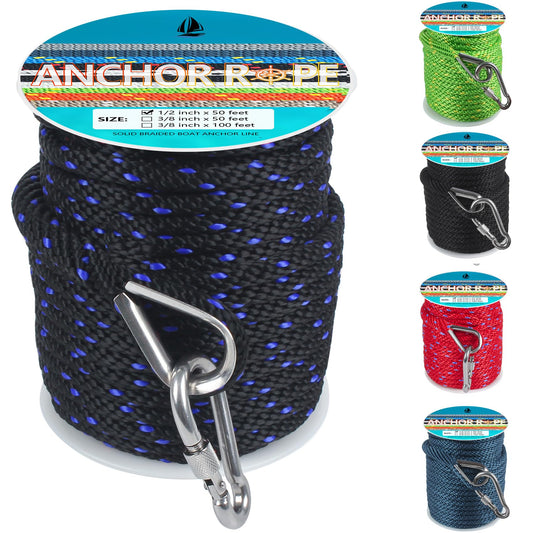 1/2 Inch 50 FT Anchor Rope, Boat Anchor Rope Solid Braid MFP, Anchor Line with 316 Stainless Steel Thimble and Snap Hook - Black & Lake Blue