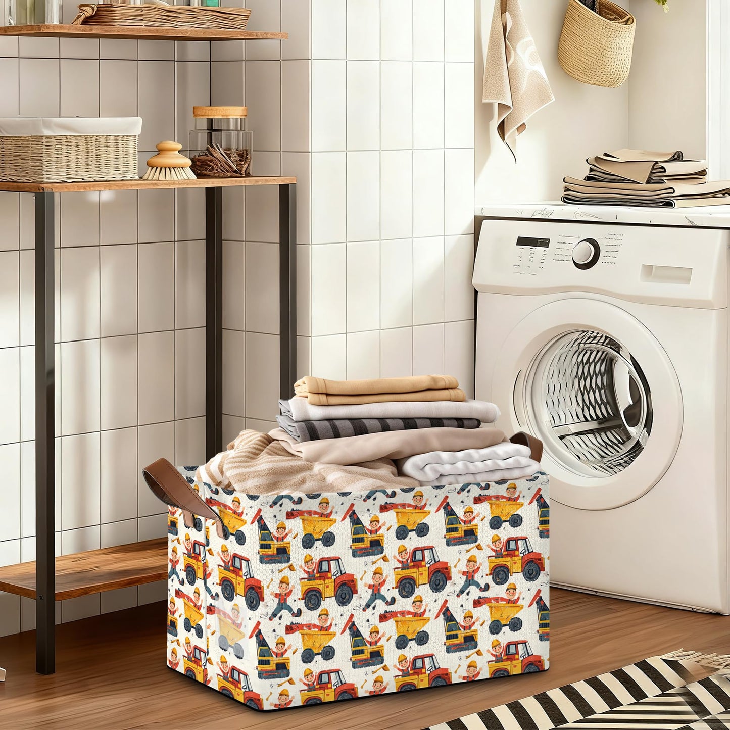 Oeaskly Storage Bins with Handles, Oxford Cloth Storage Basket with Sturdy Frame, Car Excavator Collapsible Organizer for Closet, Shelf, Clothes, Towels, Home Storage