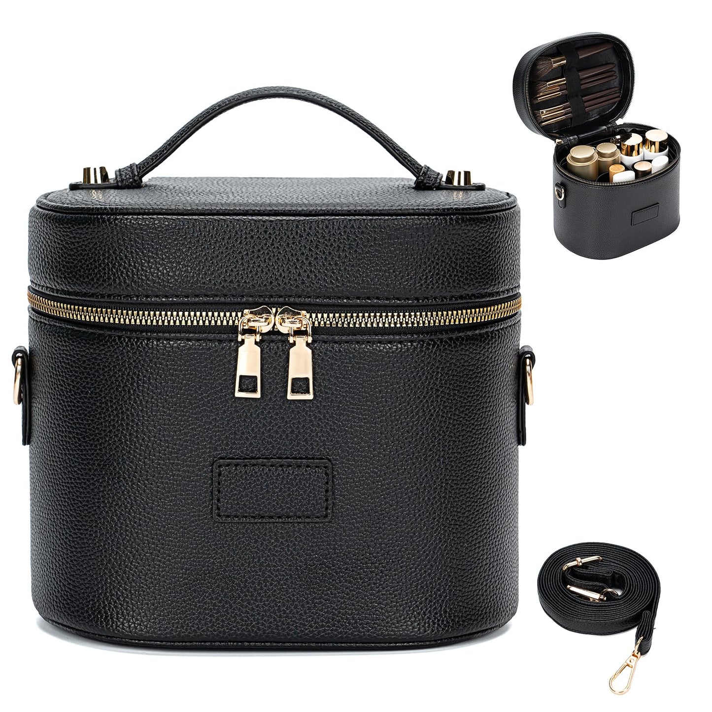 BAGOK Leather Vanity Case Makeup Bag with Removable Divider, Washable Compartments, Dual Zipper & Carry Handle – Travel Toiletry Organizer for Women
