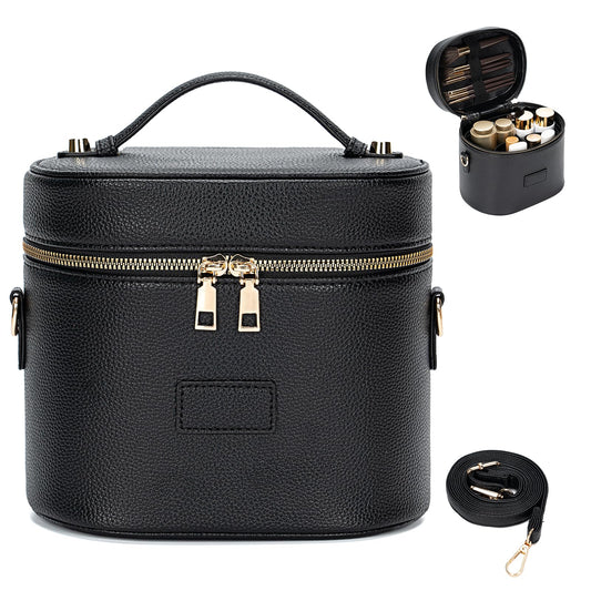 BAGOK Leather Vanity Case Makeup Bag with Removable Divider, Washable Compartments, Dual Zipper & Carry Handle – Travel Toiletry Organizer for Women