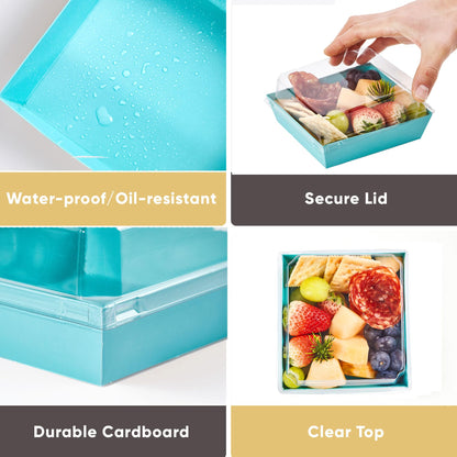 Leafiew 50 Pack Small Charcuterie Boxes with Clear Lids - To Go Paper Mini Charcuterie Box, Disposable Food Containers, 5Inch Dessert Boxes - Sandwich, Cookie, Sushi, Cake Slice, Strawberries (Blue)