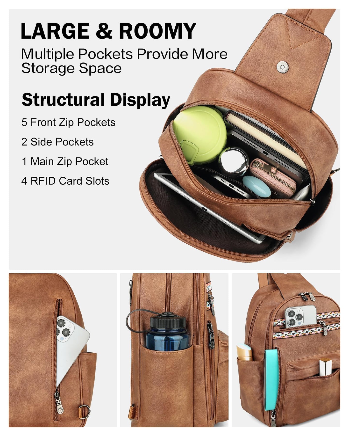FADEON Large Sling Bag for Women, Leather Crossbody Purse Designer Anti Theft Sling Backpack, RFID Fanny Packs for Travel