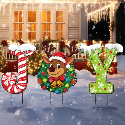 MorningRo 3 Pcs Metal Christmas Joy Yard Signs Outdoor Waterproof Candy Cane Elk Snowflakes Christmas Yard Sign with Stakes for Outside Porch Patio Lawn Garden Pathway Xmas Holiday Winter Decoration