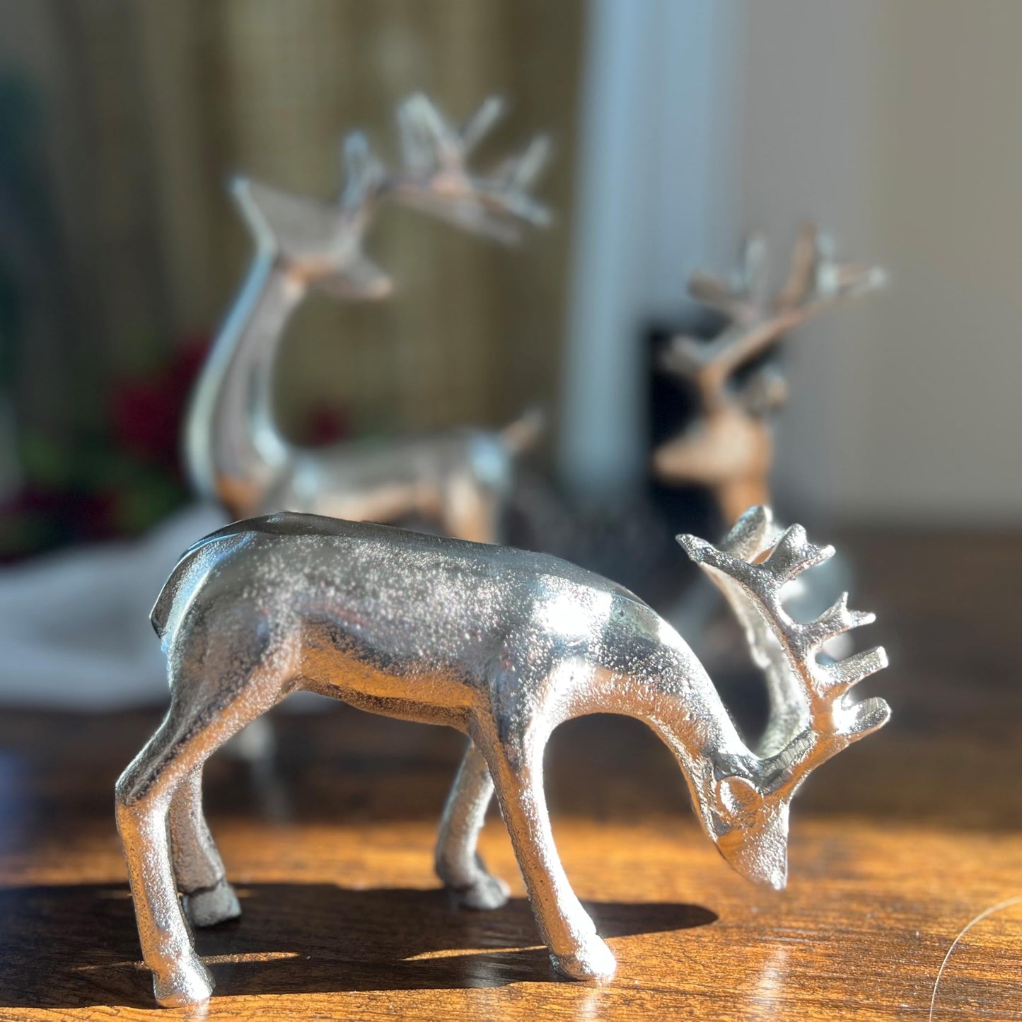 WHW Whole House Worlds Rustic Reindeer Figurines, Set of 3, Handmade, Cast Silver Aluminum, 8.75 Inches