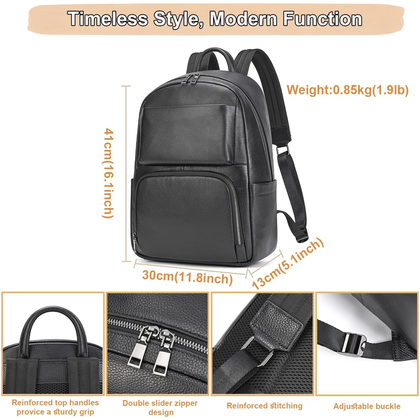 Yevabo Genuine Leather 15.6 Inch Laptop Backpack for Men, Multi Pocket Casual Daypack Shoulder Bag for Business Travel Outdoor, Black