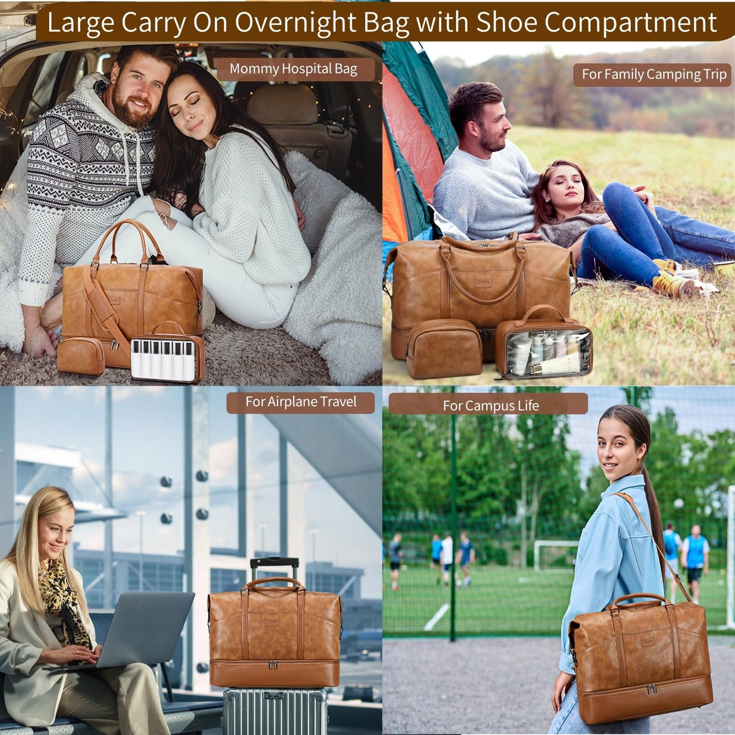 Faux Leather Weekender Bags for Women: Large Overnight Bags Travel Duffel Carry On Weekend Tote with Shoe & Laptop Compartment for Airplane Traveling Gym, Brown