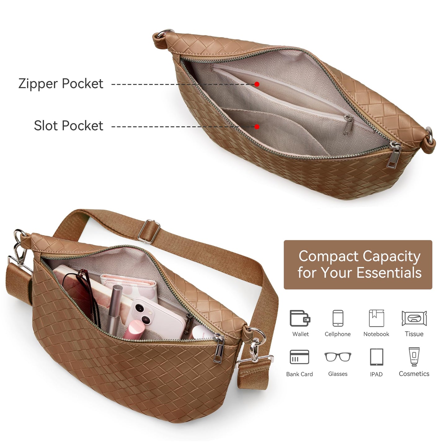 KALIDI Woven Crossbody Bags for Women Travel Vegan Leather Fanny Packs for Woman Cross Body Purse Fashion Belt Bum Bag with Wide Strap