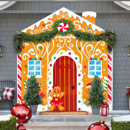 4Pcs Christmas Gingerbread Door Cover Decorations,Gingerbread House Candy Porch Banner Sign for Xmas Holiday Classroom Office Home Party Decor