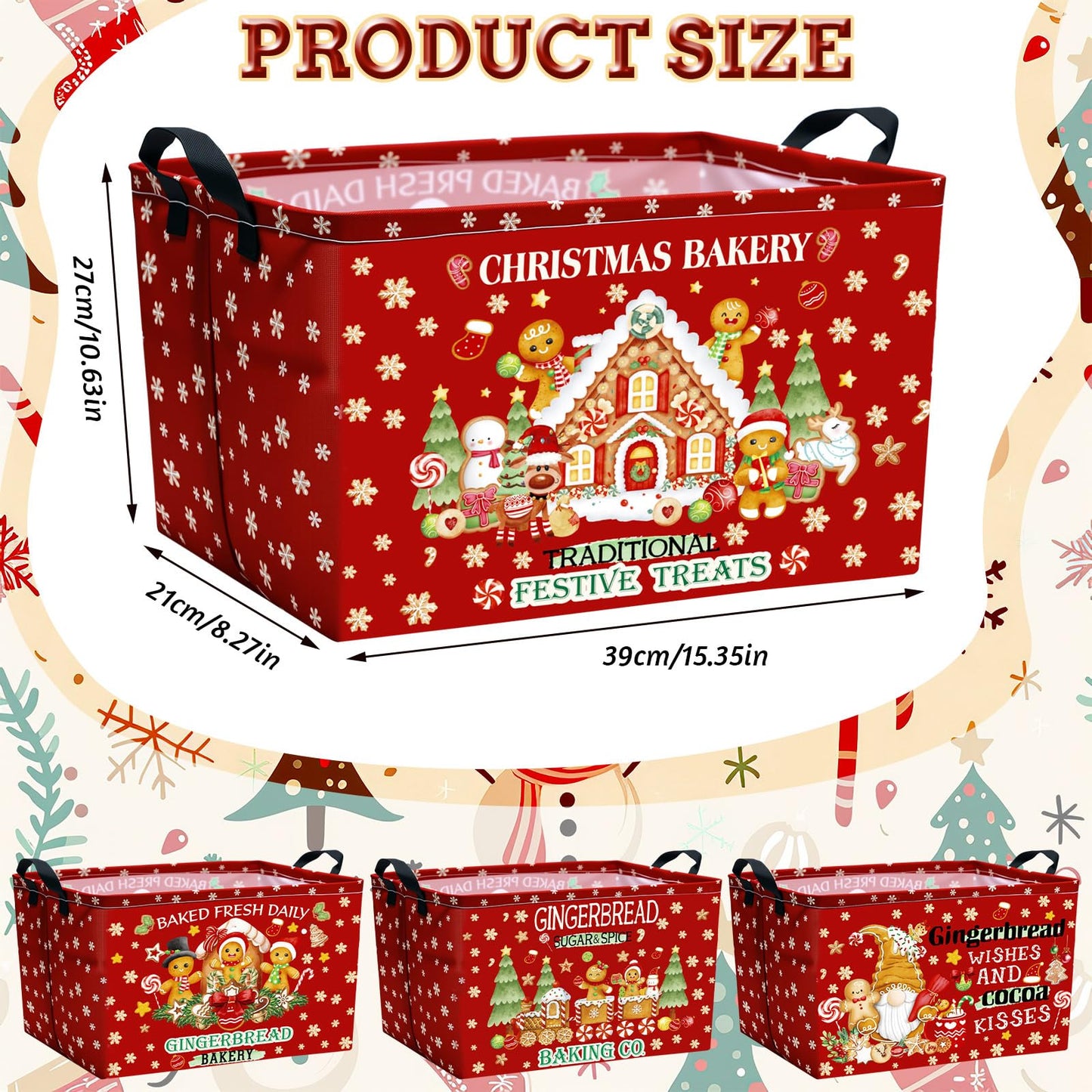 Bulyoou 4 Pcs Christmas Storage Basket for Gifts Empty Large Gingerbread Man Storage Bins 15 x 10 x 8 Fabric Laundry Baskets with Handle Xmas Foldable Organizer Boxes for Office Home Cloth Toys Books