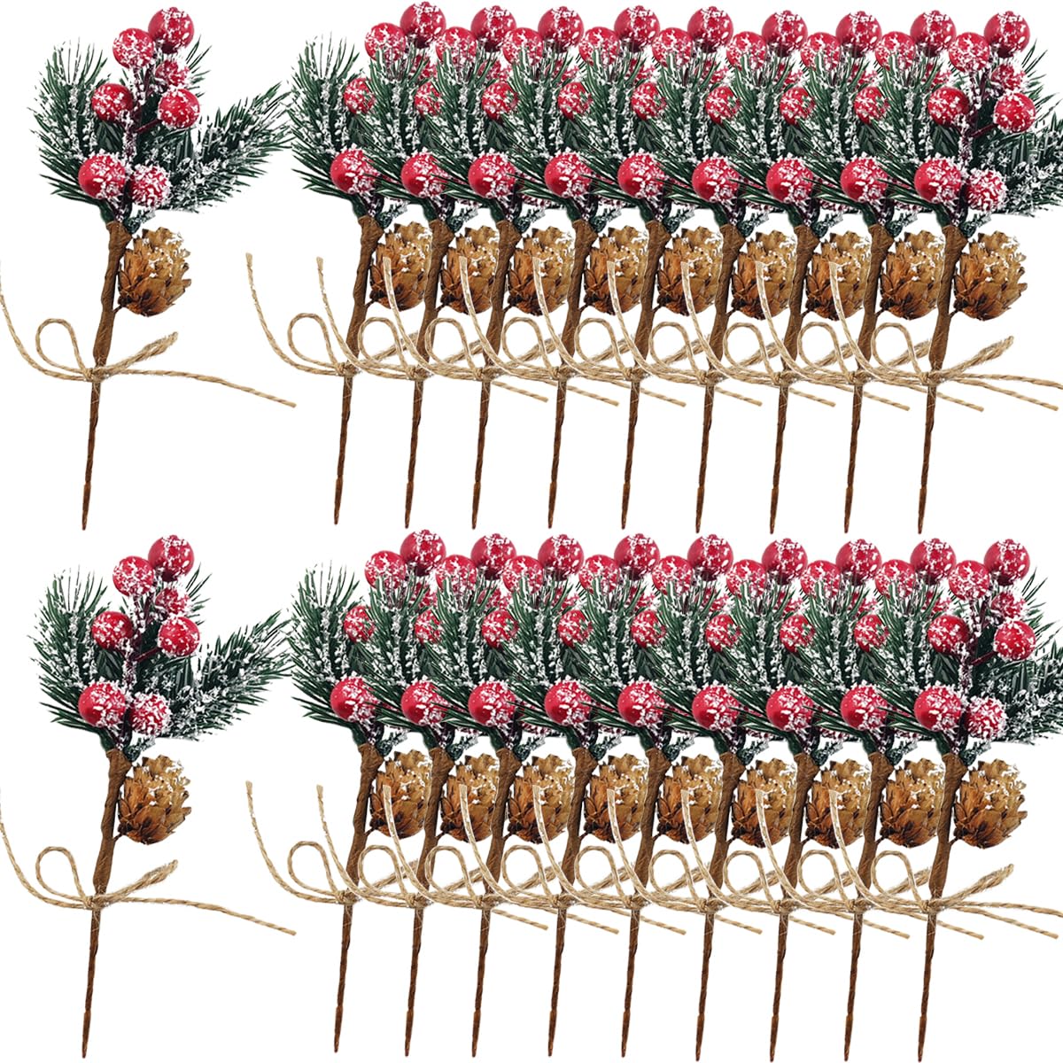 TIHOOD 20PCS 8inch Artificial Christmas Floral Picks, Red Fake Berry Picks Stems, Pine Branches with Pinecones Holly Leaves for Vase Floral Arrangement Wreath Winter Holiday Season Decor Crafts