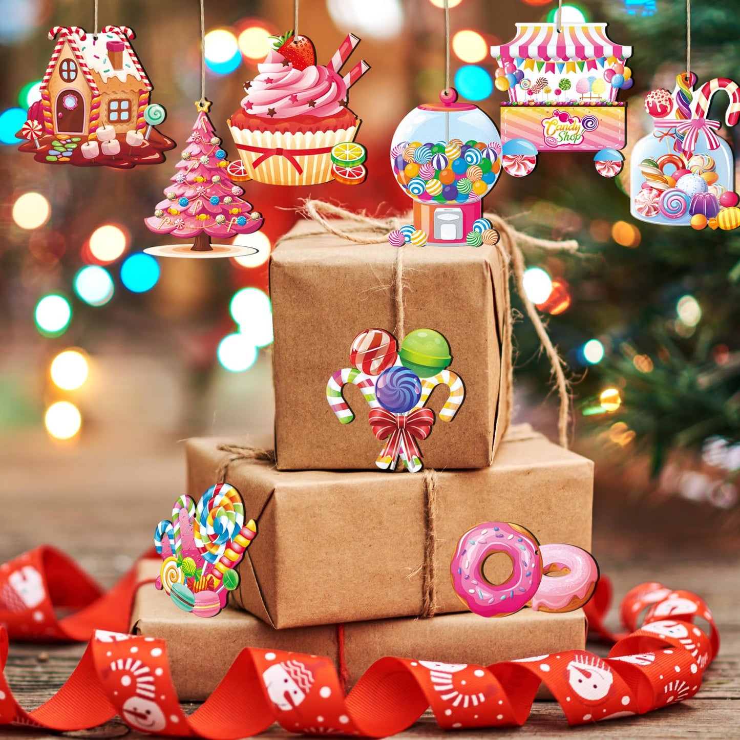 Qpout 36Pcs Candy Christmas Ornaments,Sweet Wooden Candyland Christmas Cane Cake Lollipop Hanging Decor for Xmas Tree Home Holiday Party Decorations Supplies
