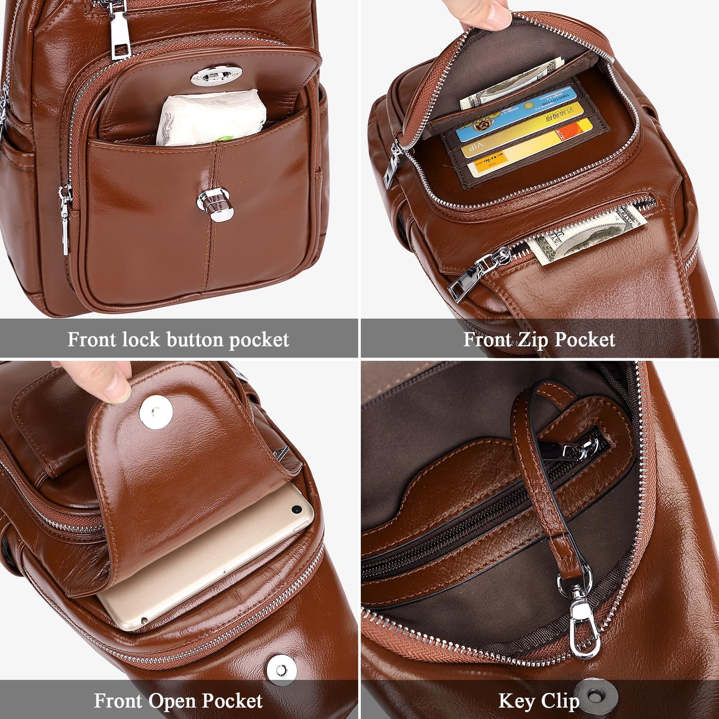 Over Earth Genuine Leather Sling Bag for Women Men Small Causal Crossbody Purse Chest Backpack(O212E Brown)