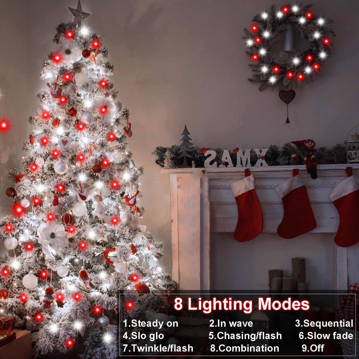 DBFAIRY 2PACK Red White Battery Christmas String Lights 32.8Ft 100LEDs, Battery Operated Wreath String Lights 8 Modes with Remote Timer Christmas Decoration for Tree Patio Garden Yard