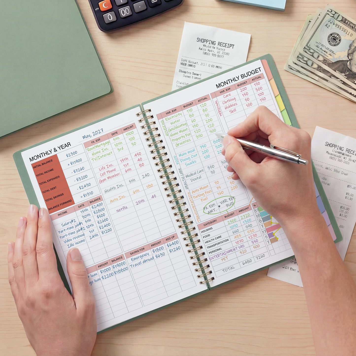 Budget Planner - Monthly Budget Book for Daily Expense Tracking, Business, Debt, Savings, B5 (7.3" x 10.15") Undated Financial Planner with Colorful Tabs Manages Your Money Effectively, Light Green