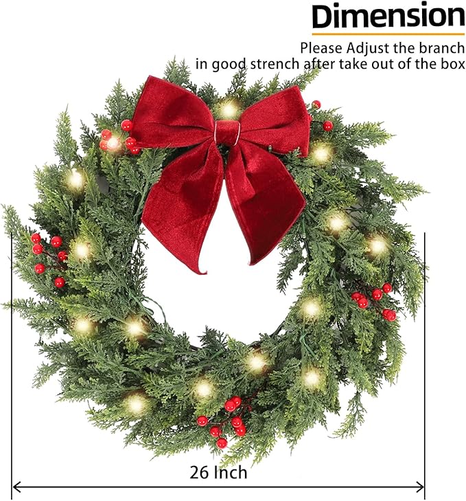 26 Inch Christmas Wreaths for Front Door with Lights,Lighted Cedar Door Wreath,Prelit Real Touch Artificial Green Winter Wreath with Large Burgundy Velvet Bow for Indoor Outdoor Decor