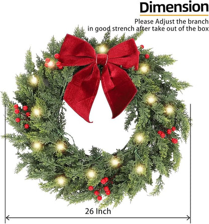 26 Inch Christmas Wreaths for Front Door with Lights,Lighted Cedar Door Wreath,Prelit Real Touch Artificial Green Winter Wreath with Large Burgundy Velvet Bow for Indoor Outdoor Decor