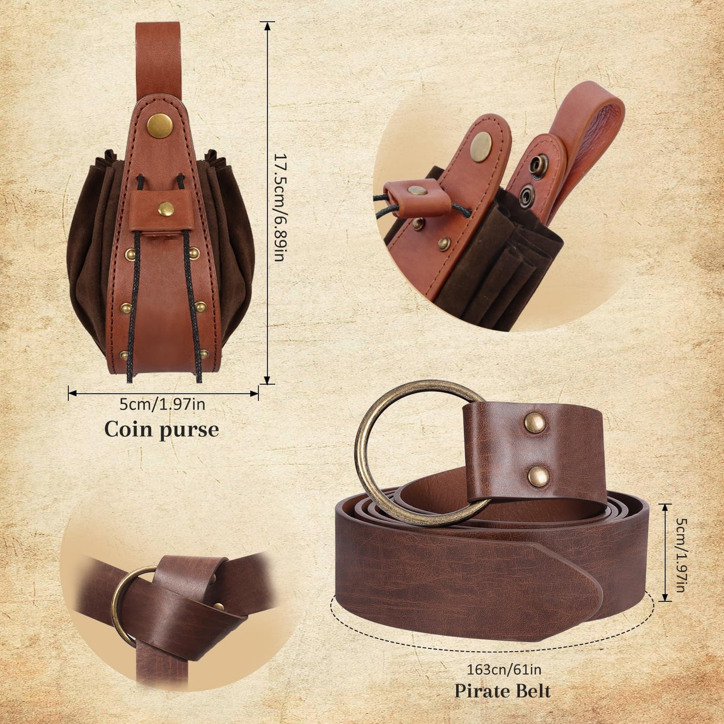 Renaissance Belt Pouch Medieval Pirate Costume Accessories - Viking Faux Leather Waist Bag with Skirt Hikes for Cosplay LARP (Brown)