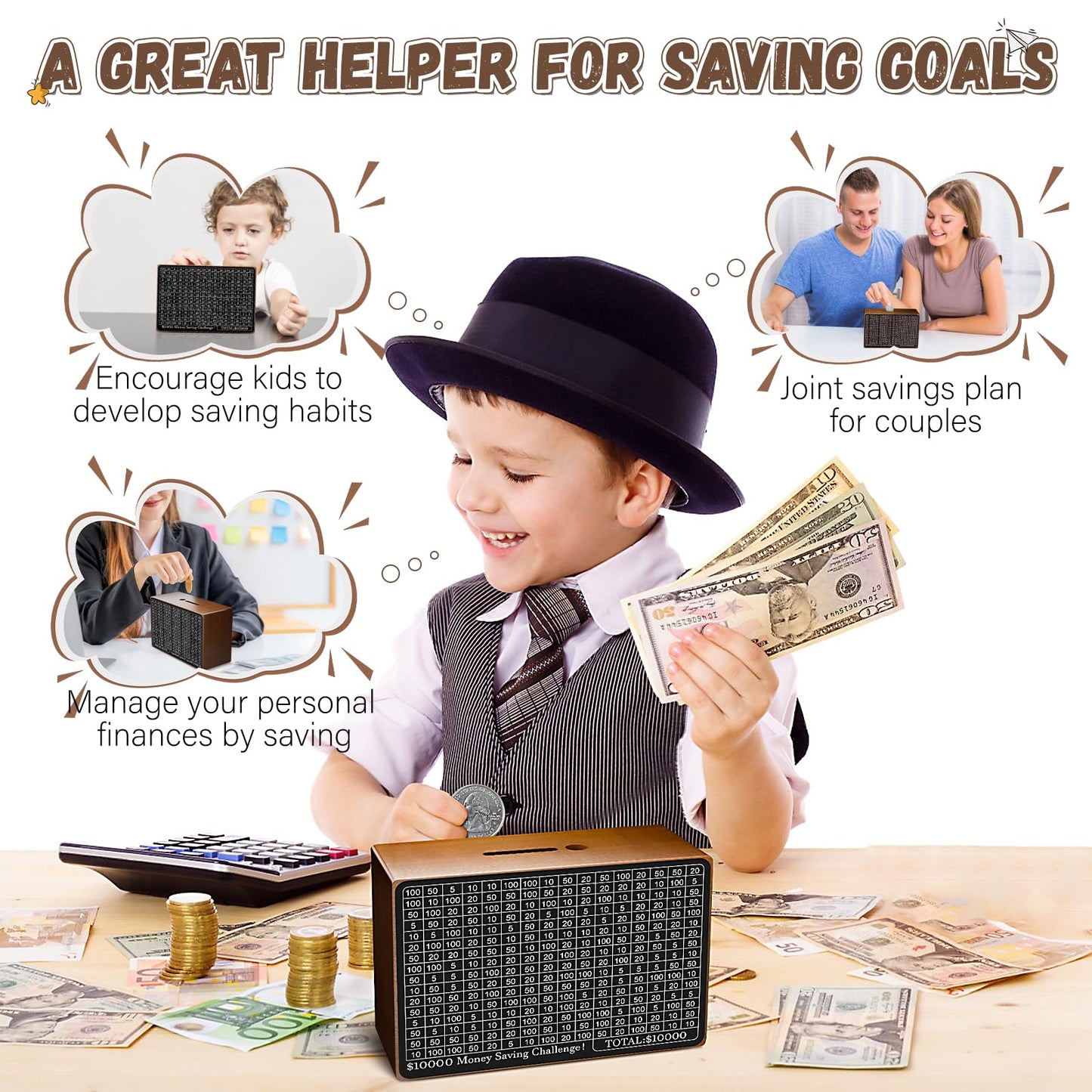 Wooden Money Saving Box, Cash Vault Savings Box for $10000 $5000 $3000 $1000 $800 $500 Target Money Saving Challenge, Reusable Money Box with Counter, Dry Erase Pen/Savings Trackers/Rubber Band-Brown