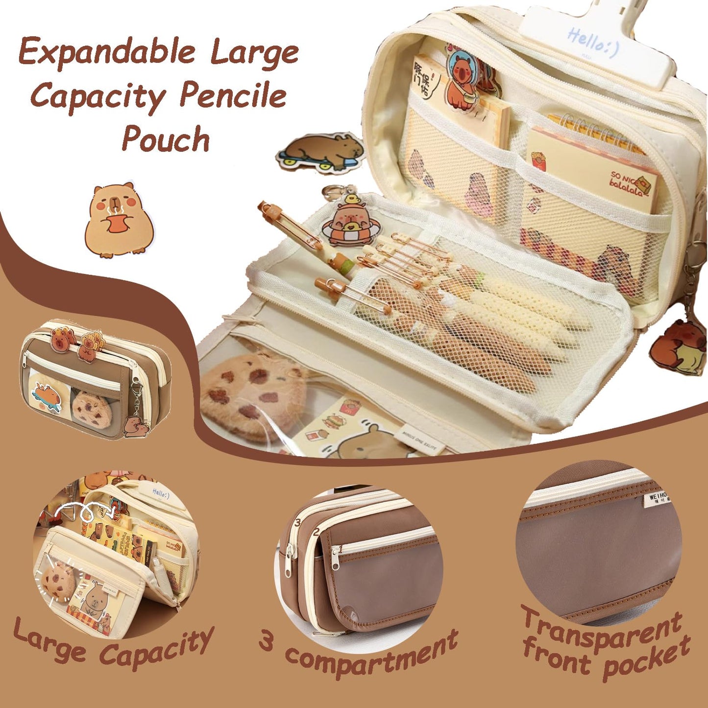 Cute Capybara Stationery Set - Large Pencil Case, 4 A5 Spiral Notebooks, 10 Ballpoint Pens (2 Styles), 12 Pencils, 2 Erasers - Perfect Back-to-School Essentials and Birthday Gift for Kids (Capybara)