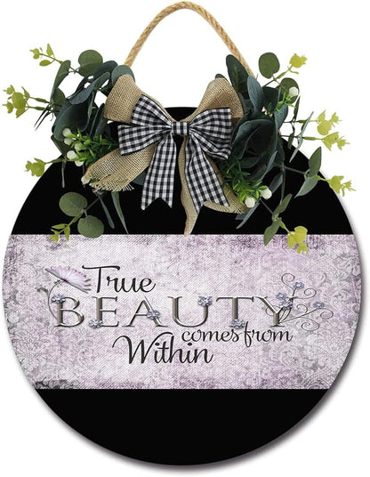 True Beauty Front Door Sign Funny Wreaths Hanging Wooden Plaque Decoration Round Rustic Wood Farmhouse Porch Decor for Home Front Door Decor, 11 x 11 Inch