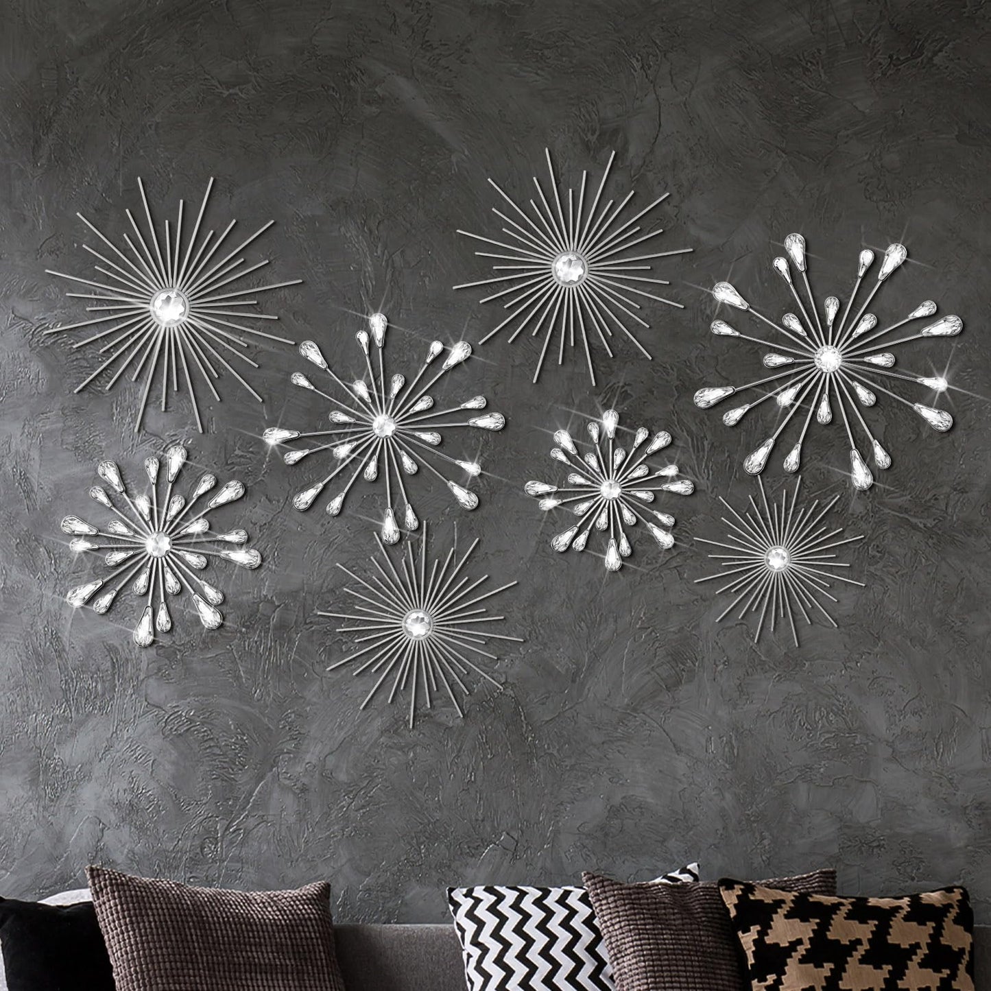 Blulu 8 Pcs Silver Metal Wall Art Cast Iron Starburst Wall Decor Bling Crystal Sculptures Living Room 3D Teardrop Radial Rhinestone Hanging Diamond Accents for Home Office Bedroom Entryway
