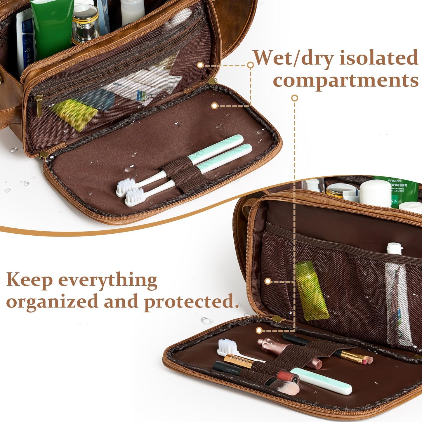 Janhavi Travel Essentials Toiletry Bag, Waterproof PU Leather Initials & Mountain, Groomsmen Gifts, Men's Accessories Organizer, Travel Bags for Men, Gifts for Men(Brown T)