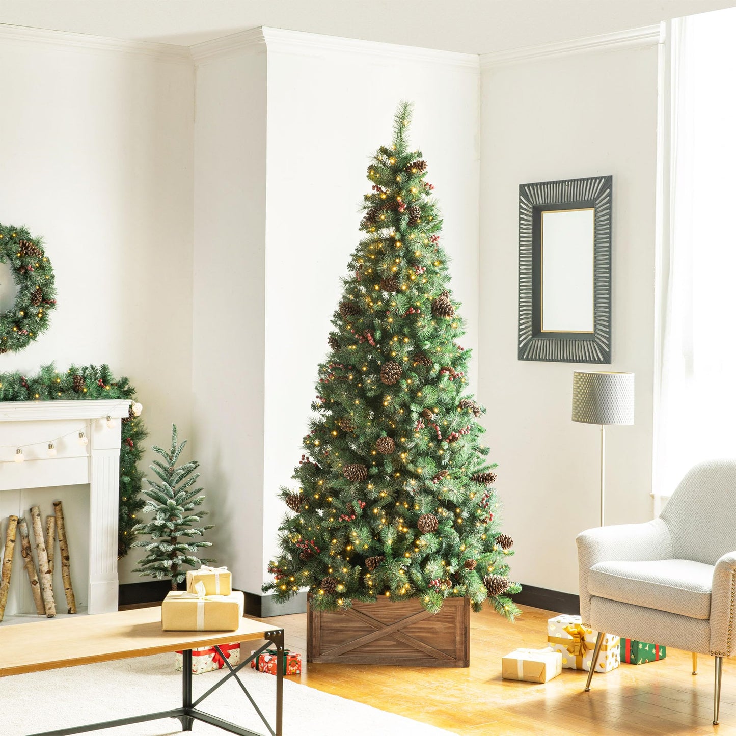 Glitzhome 22 inch Wooden Christmas Tree Collar Farmhouse Modern Stand Cover Skirt Base Box for 7.5/9 FT Artificial Xmas Holiday Decoration, Brown