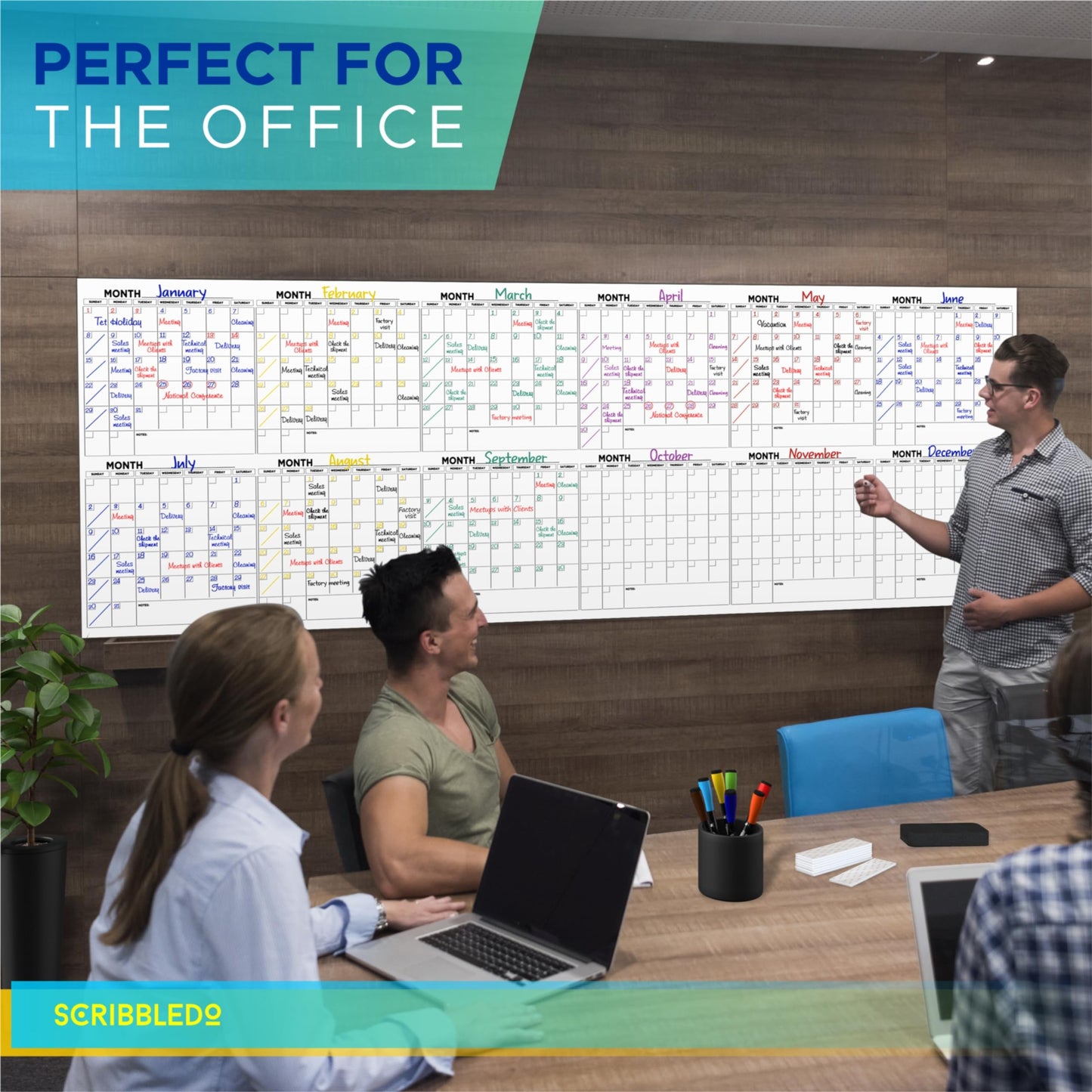Extra Large 100"x36" Dry Erase Monthly Planner – 12-Month Whiteboard Calendar Includes 6 white Board Markers Eraser Push Pins & Mounting Tape