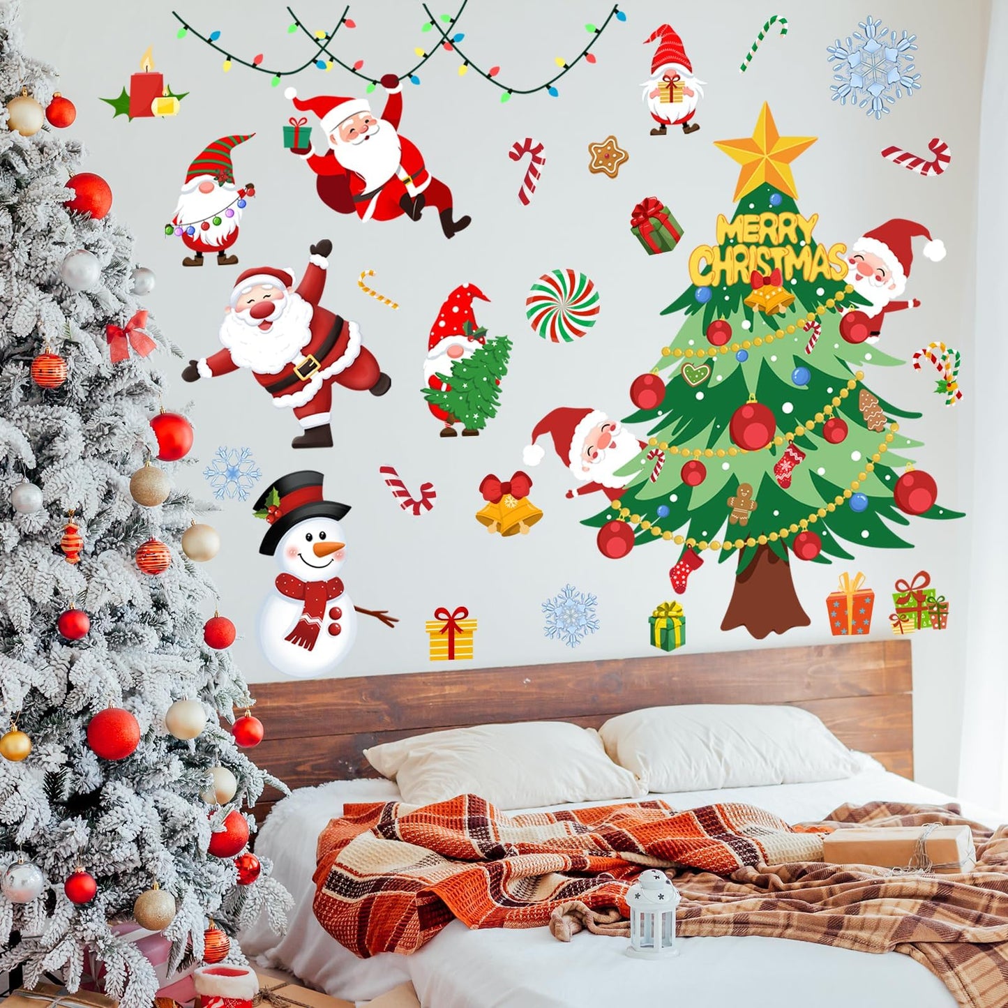 41.33 x 41.33 Inch Christmas Tree Wall Decal Christmas Santa Claus Snowmen Wall Stickers Removable Xmas Wall Decor for Christmas Holiday Party Supplies Home Window Decor