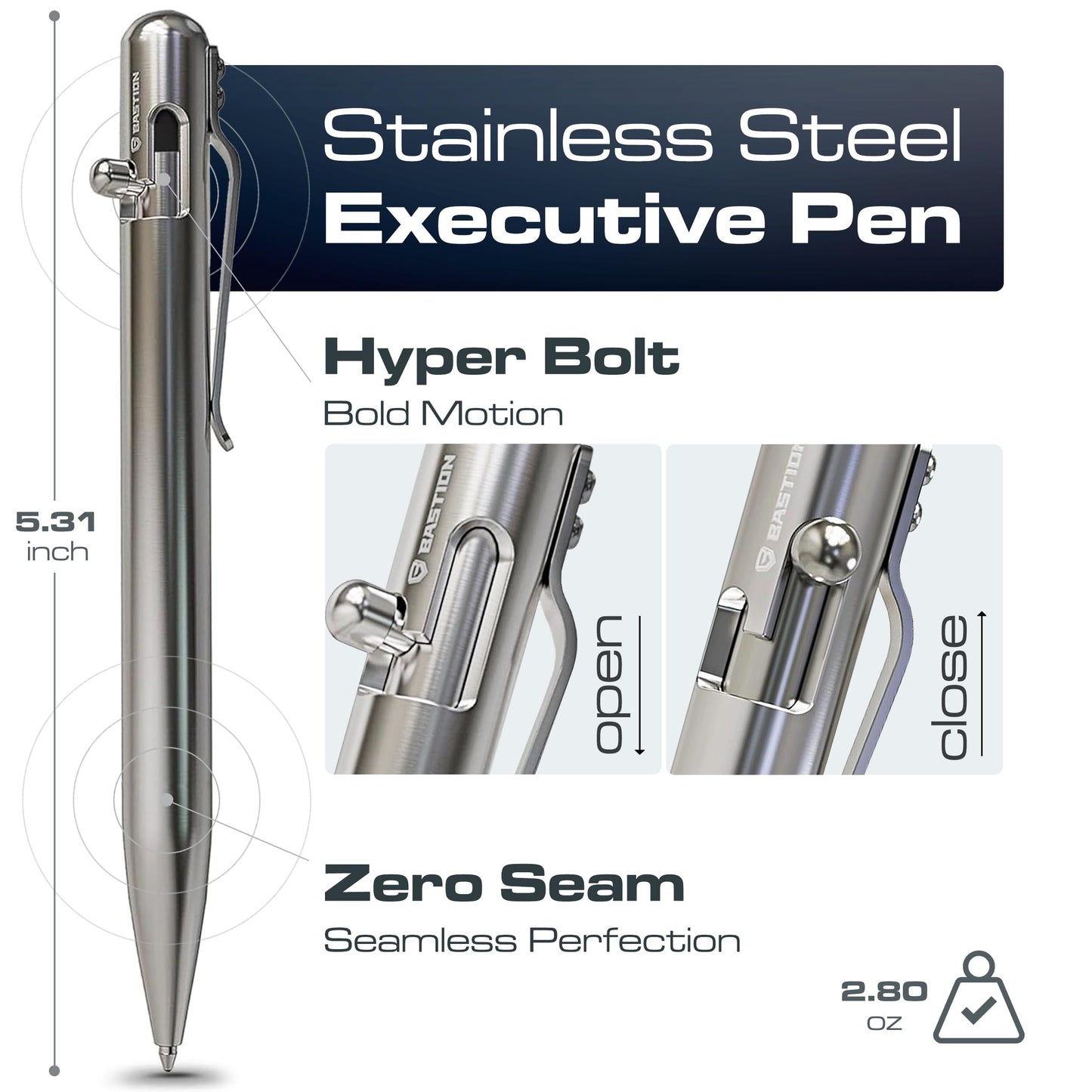 BASTION Luxury Executive Bolt-Action Ballpoint Pen for Men & Women | Ink Refillable Retractable Office Business Writing Pen | Glass Breaker Metal Self-Defense EDC (Stainless Steel)