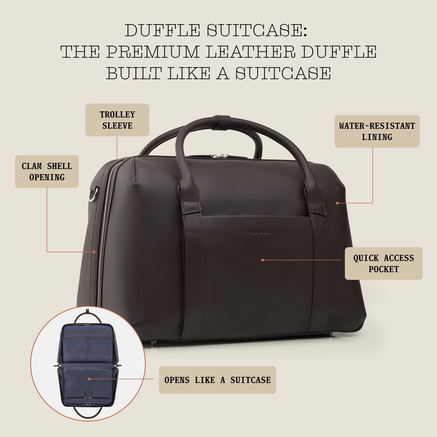Wool & Oak Duffle Suitcase – Full-Grain Leather Travel Bag with Clamshell Opening, 33 L Capacity, Trolley Sleeve & 16″ Laptop Pocket – “DS Carry” Personal-Item Size - Pebble Leather - Chocolate