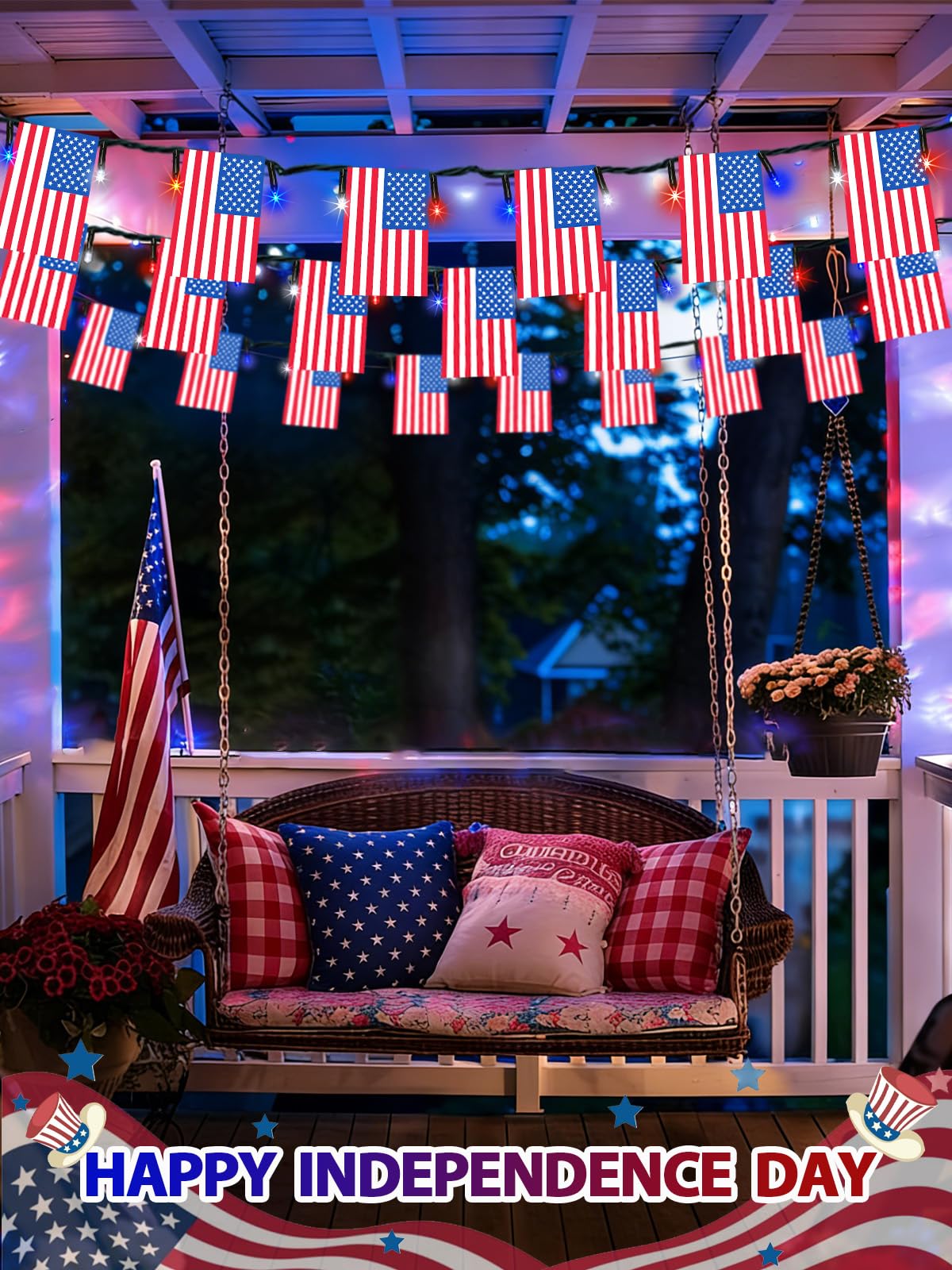2 Pack 4th of July Decorations, Solar American Flag Lights Outdoor with 8 Modes, 37.6FT 50 USA Flags & 100 Red White and Blue LEDs Patriotic Lights Waterproof for Independence Day 250th Anniversary