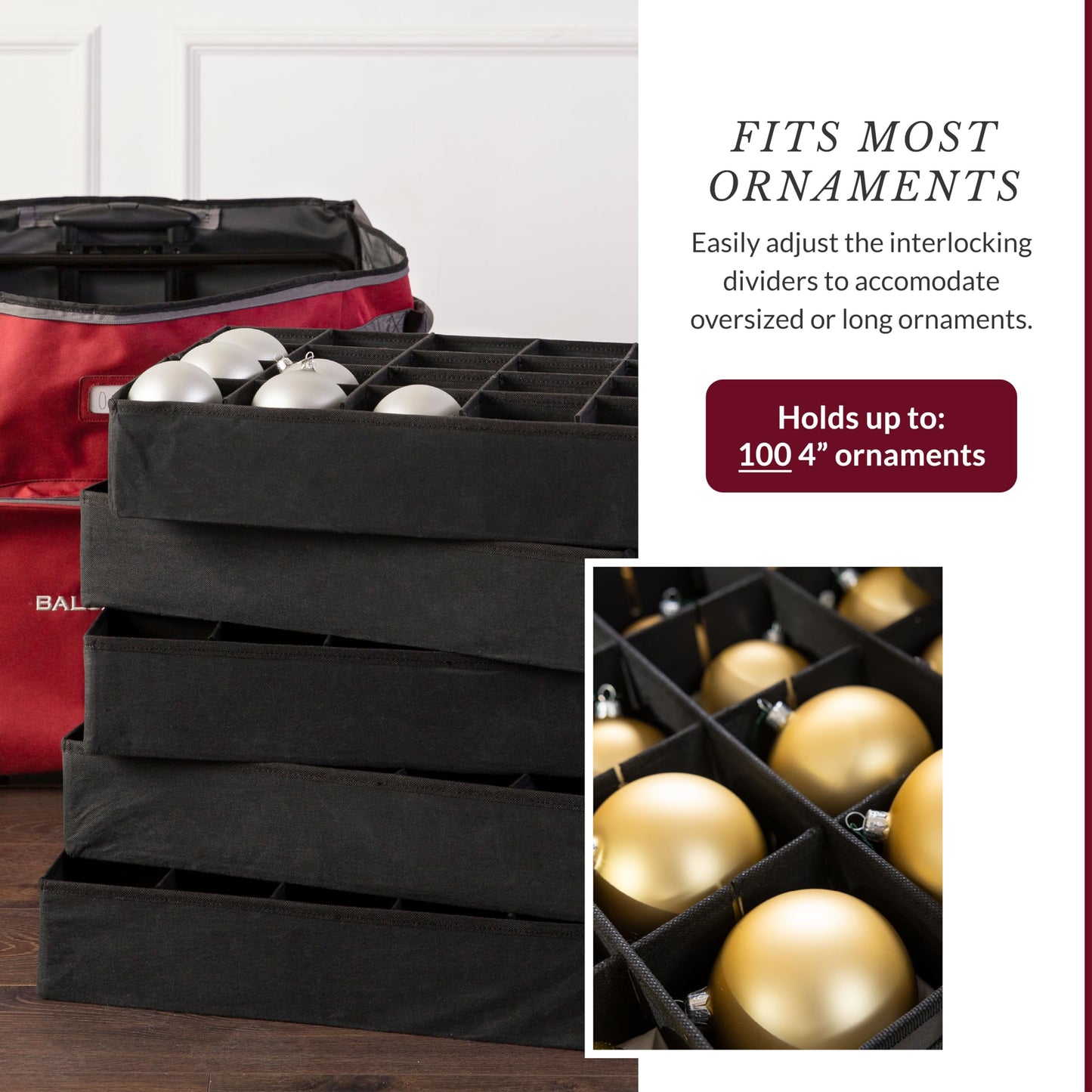 Balsam Hill Deluxe Rolling Ornament Chest - 100pc Christmas Decoration Storage with Dividers & Trays