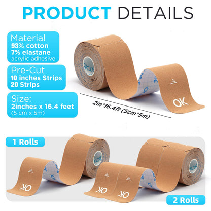 OK TAPE Kinesiology Tape 10 inches Precut, 20 Strips, Cotton Elastic Athletic Tape Latex Free, 2in x 16ft, Light Blue