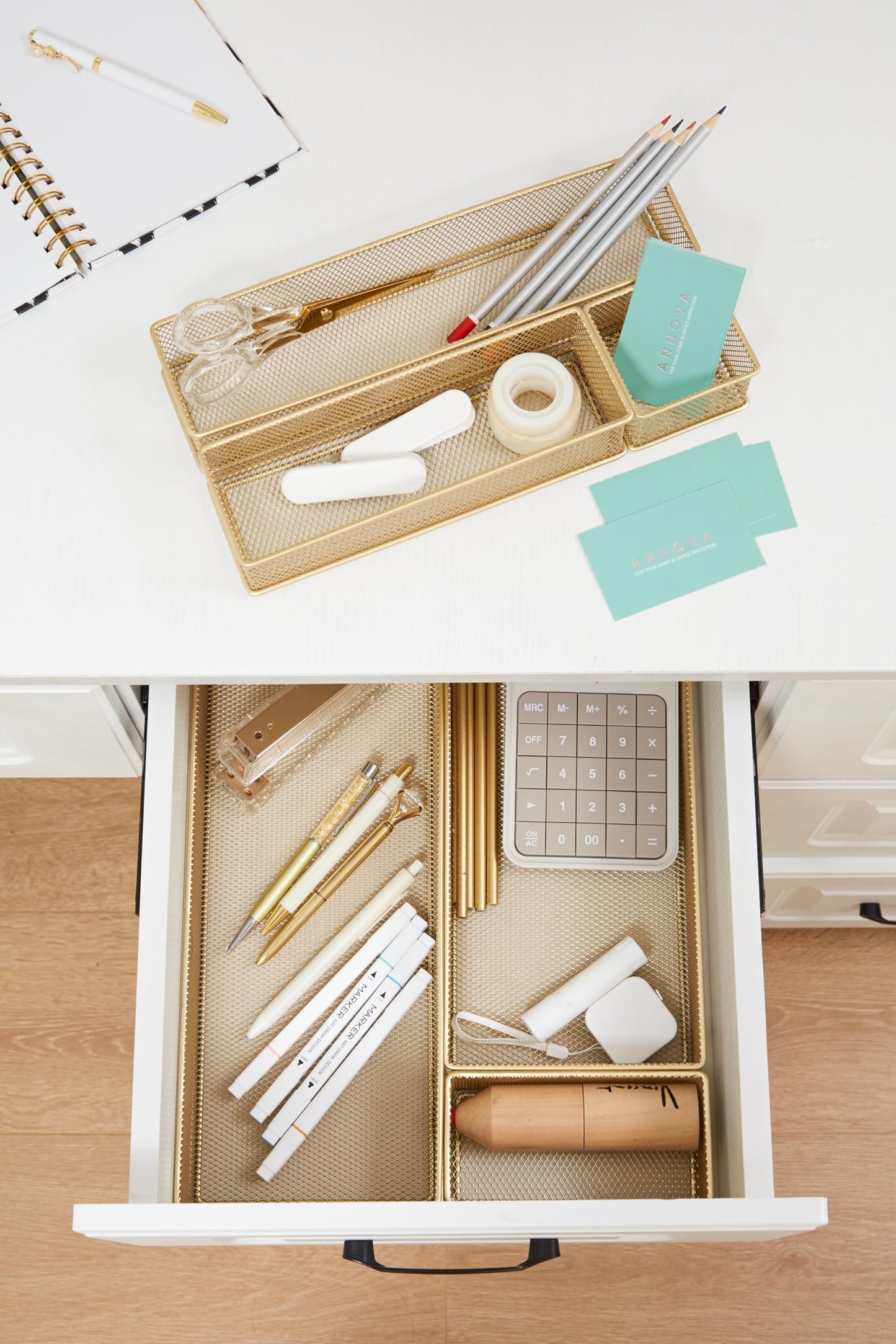 Annova Mesh Stackable Drawer Cabinet and Shelf Organizer Bins Storage Basket School Office Supply Holder Tray- Set of 2 (Gold, 6x9x2 Inch)