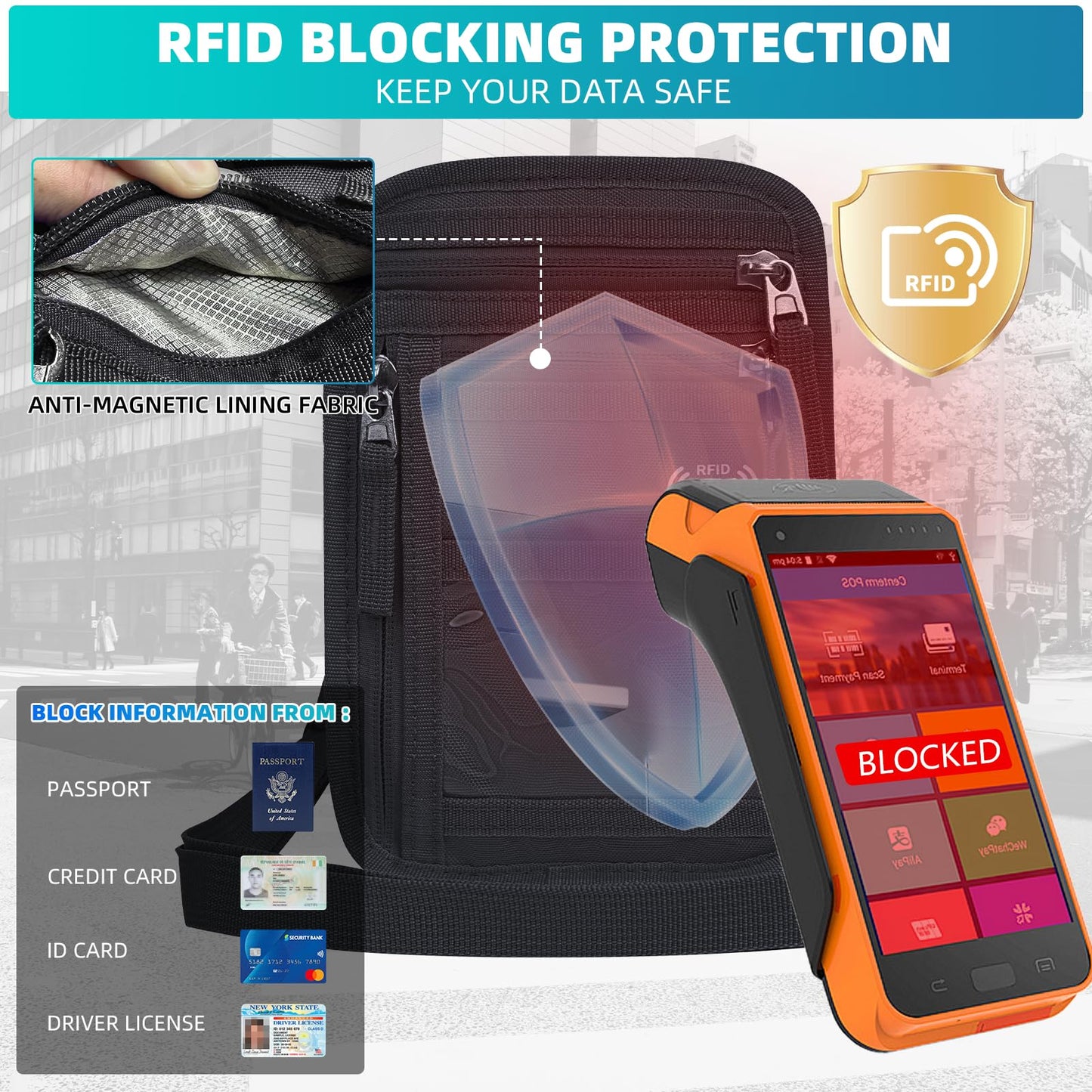 OPOALO RFID Neck Wallet for Travel, Passport Holder, Money Pouch, Black