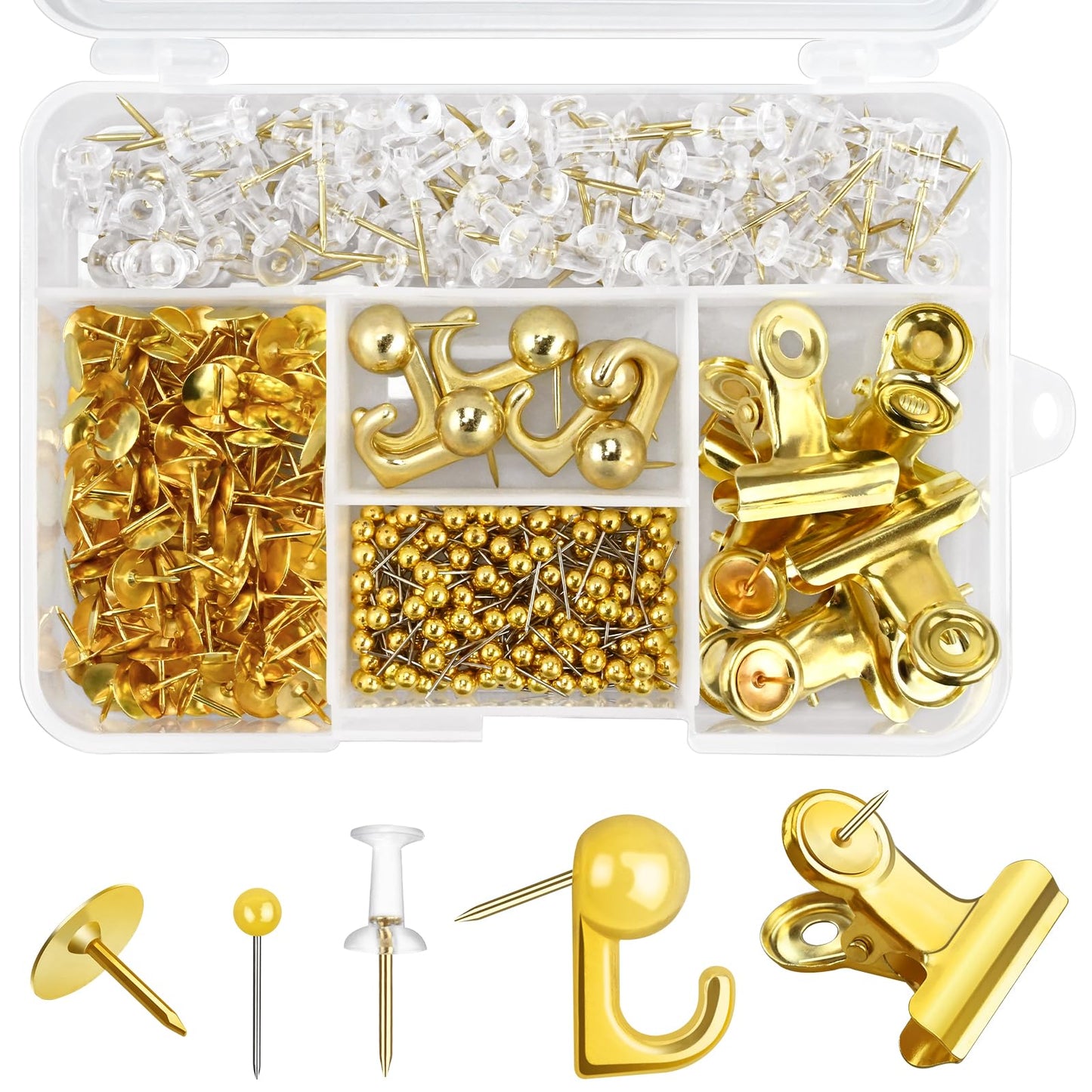 350 Pcs Gold Push Pins Set 5 Styles Decorative Thumb Tacks Assorted Push Pins for Bulletin Board, Cork Board