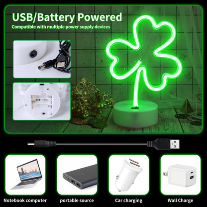 St Patrick's Day Shamrock Light - Patrick Party Neon Sign Decoration - Green Clover LED Night Light - USB or Battery Powered Table Lamp - Lucky Shamrocks Gifts for Kids - Decor for Window Room Bedroom
