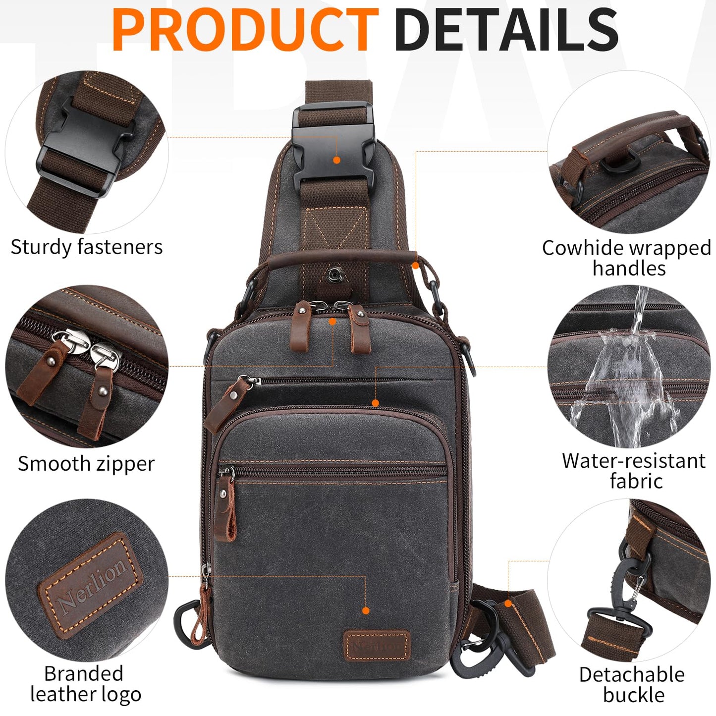 Nerlion Sling Bag for Men Waxed Canvas Crossbody Bag Chest Bag Shoulder Bag Casual Daypack for Travel (Gray)