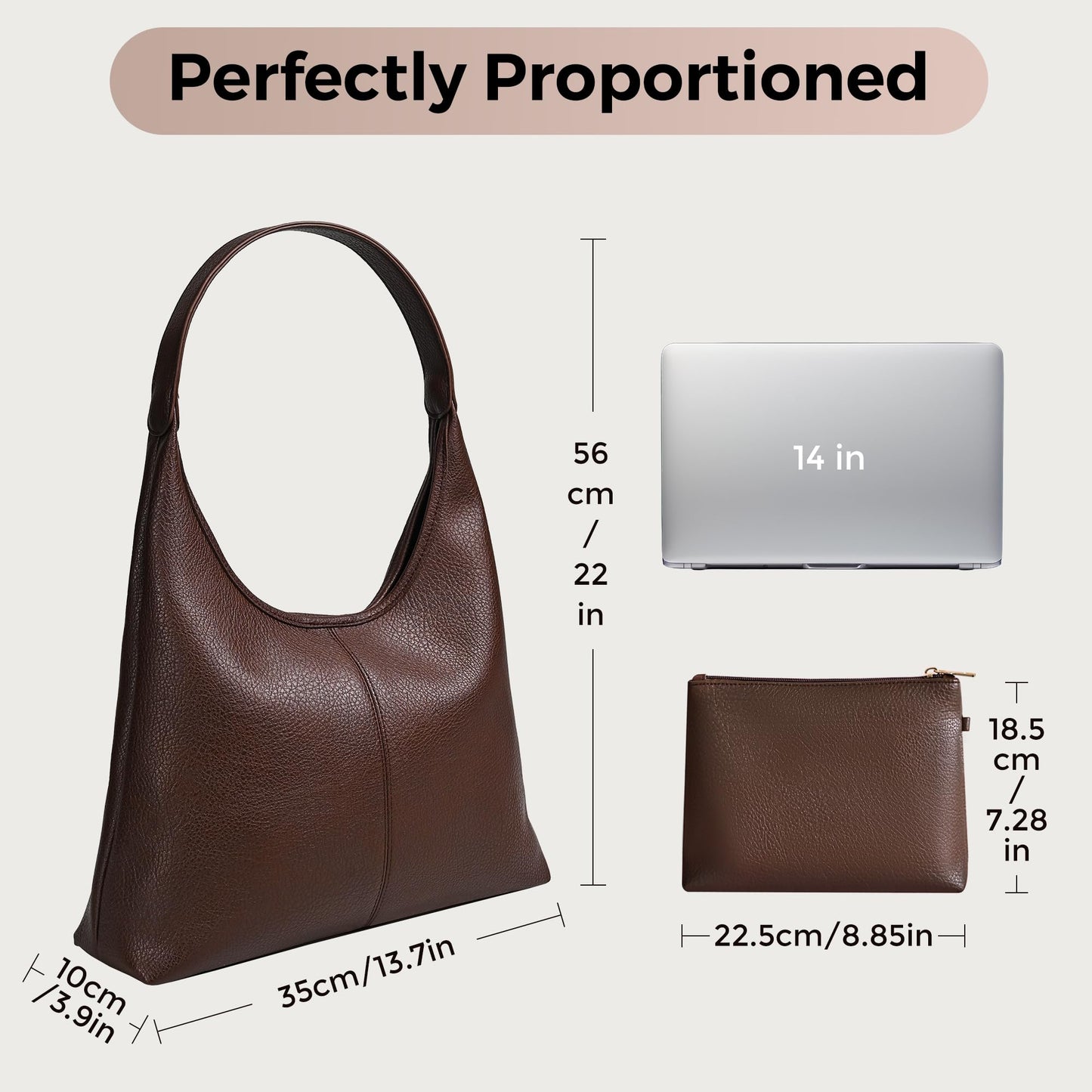 VESSALOIR Hobo Bags for Women, Slouchy Shoulder Bag for Women, Coffee Brown Handbag in Vegan Leather with Matching Zip Pouch, Magnetic Snap Closure, Built-In Key Leash