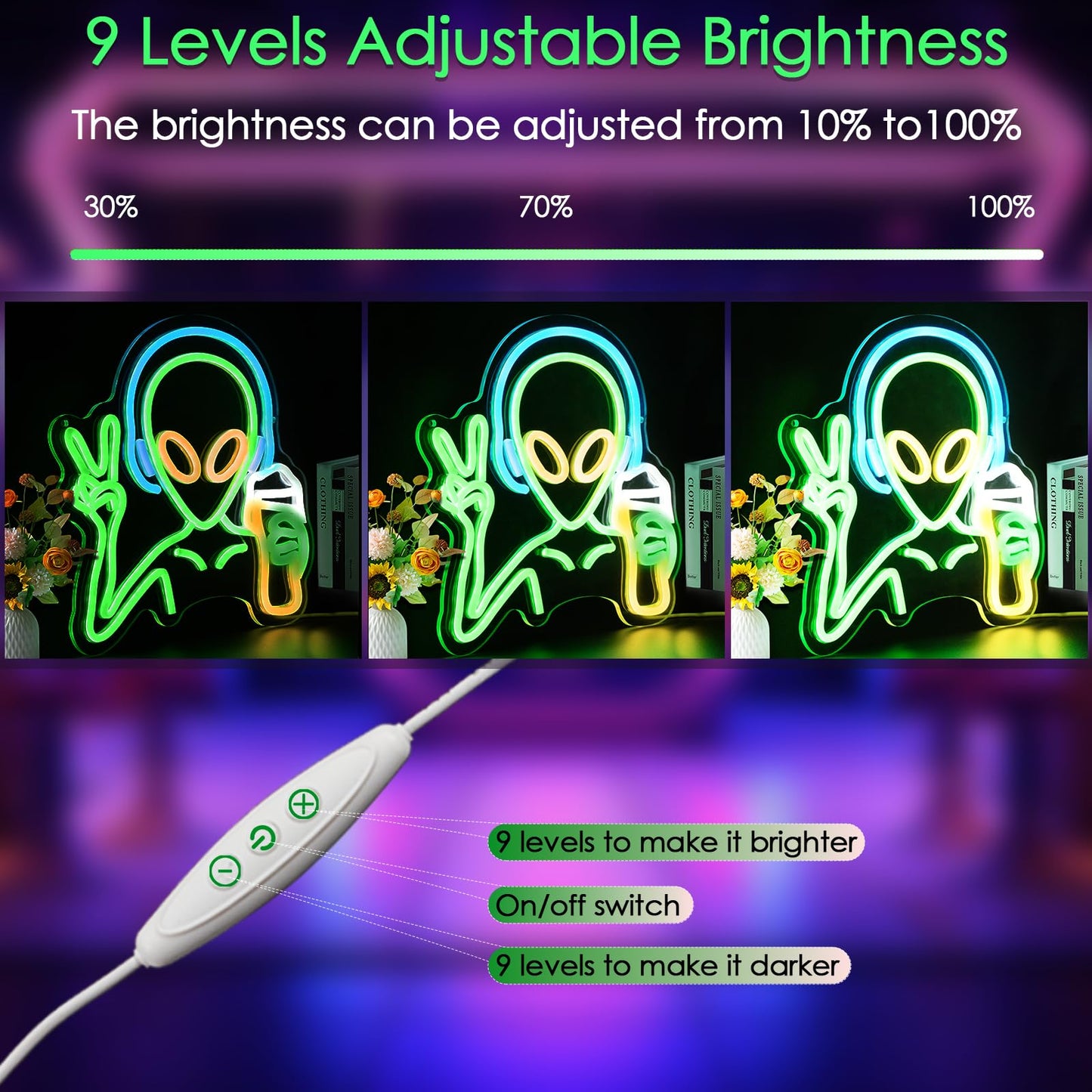 KHK Green Alien Neon Sign - USB Battery Powered LED Wall Sign for Game Room, Home Bar, Party, Bedroom & Man Cave Decor for Teens and Kids Lights Led Gaming for Boy & Girl Room Decor -Best Gamer Gifts for Boys Kids (11.8*11.8in)